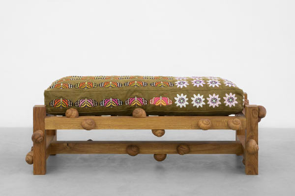 Daniel Dewar & Grégory Gicquel, Oak bench with tiger heliconian butterflies, passion flowers and snails, 2021