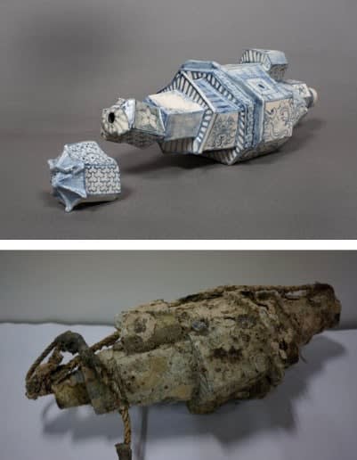 Bui Cong Khanh, Fortress Temple. Pair of hand-painted archaeological shards, before and after ocean-submersion (2), 2013