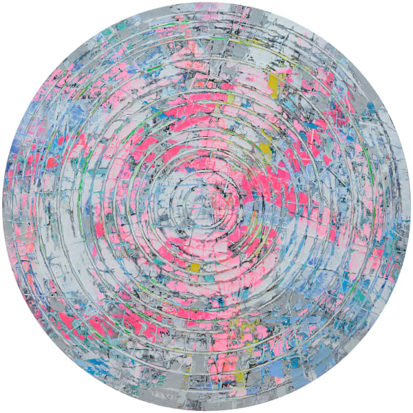 Tadeusz Biernot artwork titled "Unpredicted I" 2022. Acrylics, magazine pages, Liquitex medium on canvas stretched on round board. Collage of magazine pages covered in pinks and blues and a linear ripple effect