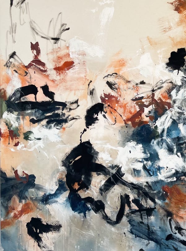 elia Lees artwork titled "two pages one book" 2023. Acrylic and Oil on canvas. First piece of an abstract diptych of tick and thin sized brown, white and black brushstrokes on beige and grey wash background.