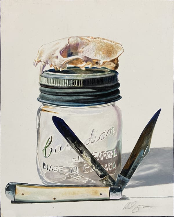 Richard A. Jacobson, Jack Knife with Mason Jar and Weasel Skull, 2020