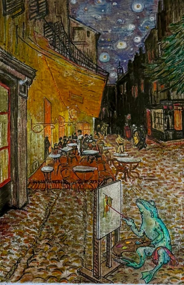 Cora Brittan, Sidewalk Cafe at Night with Vincent van Frog, 2024