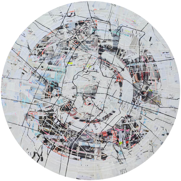 Tadeusz Biernot artwork titled "Unpredicted II" 2022. Acrylics, magazine pages, Liquitex medium on canvas stretched on round board. Collage of magazine pages are covered in a system of lines similar to a road map.