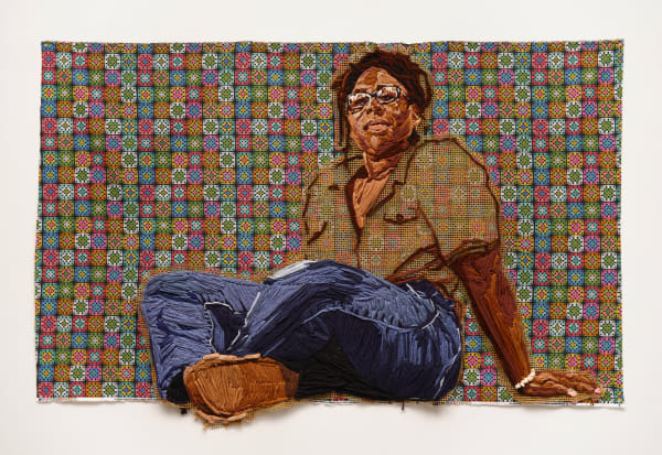 Kandy G Lopez Arsimmer, 2025 Yarn and spray paint on hook mesh mounted on fabric background 48 x 73 in 121.9 x 185.4 cm