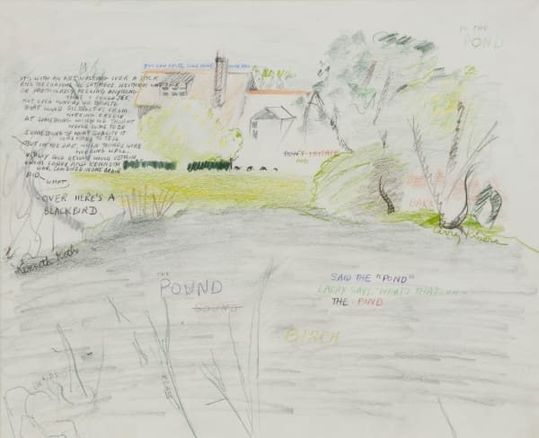 Larry Rivers Hayground Pond and the House of CharlesRydel, Windy Hill (Collaboration with K. Koch), 1977 Pencil and colored pencil on paper 14 x 17 in. 35.6 x 43.2 cm