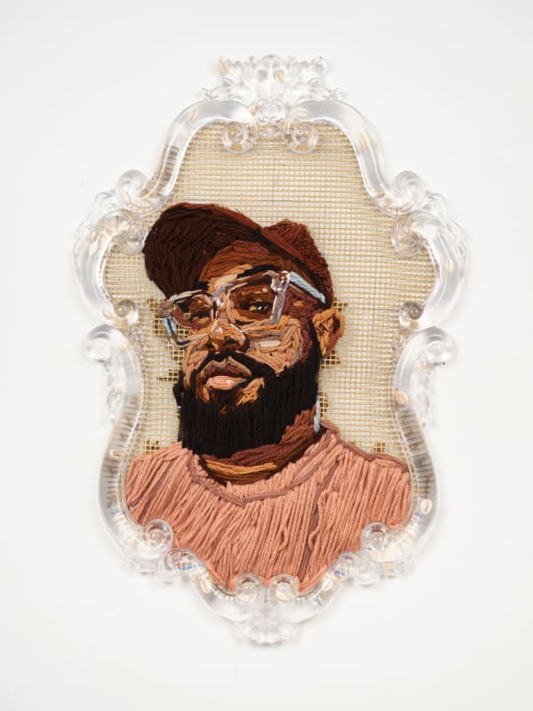 Kandy G Lopez City Boys: Everton, 2025 Yarn and spray paint on hook mesh with handmade artist's frame (epoxy/resin and cowrie shells) 32 x 20 1/2 in 81.3 x 52.1 cm