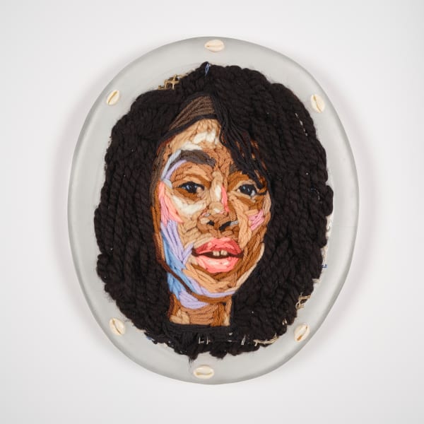 Kandy G Lopez Zieli, 2025 Yarn on hook mesh in glass with cowry shells 11 3/4 x 9 3/4 in 29.8 x 24.8 cm