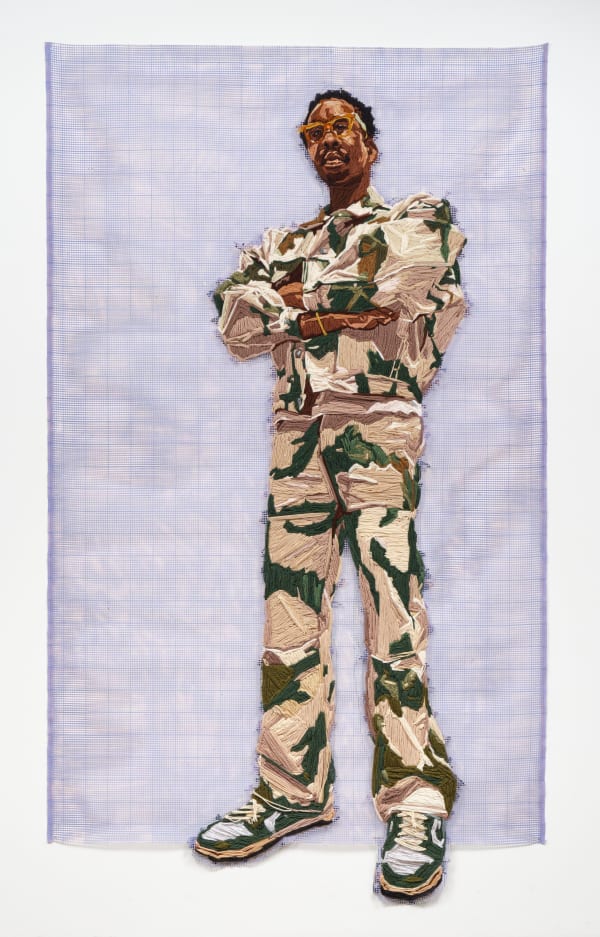 Kandy G Lopez Isaiah Michael, 2025 Yarn and spray paint on hook mesh 103 3/4 x 60 1/4 in 263.5 x 153 cm