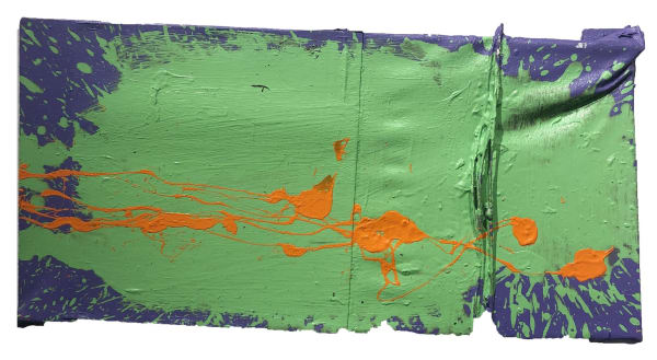 untitled (large green splatter, small orange, on purple), 2005