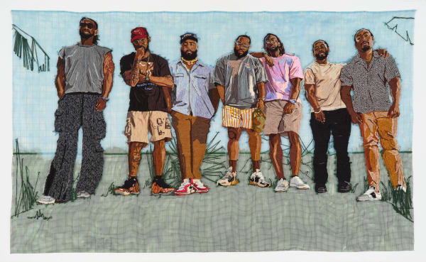 Kandy G Lopez City Boys, 2025 Yarn and spray paint on hook mesh 90 x 168 in 228.6 x 426.7 cm