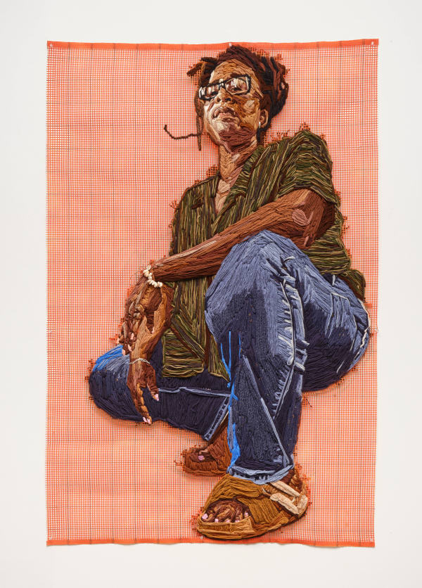 Kandy G Lopez Arsimmer II, 2025 Yarn and spray paint on hook mesh 60 x 39 1/2 in 152.4 x 100.3 cm