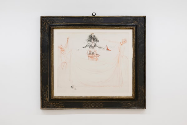 Salvador Dalí, Deux “espeits de l’Amour” tiennet une voile devant la “chimère d’Yseult” (Isolde), étude pour le ballet Tristan fou (Mad Tristan), 1944