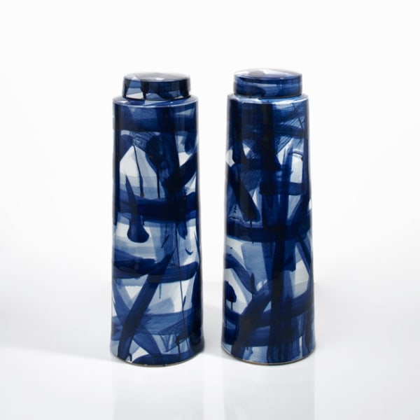 Felicity Aylieff, Pair of Blue & White Sentinel Lidded Jars, 2017