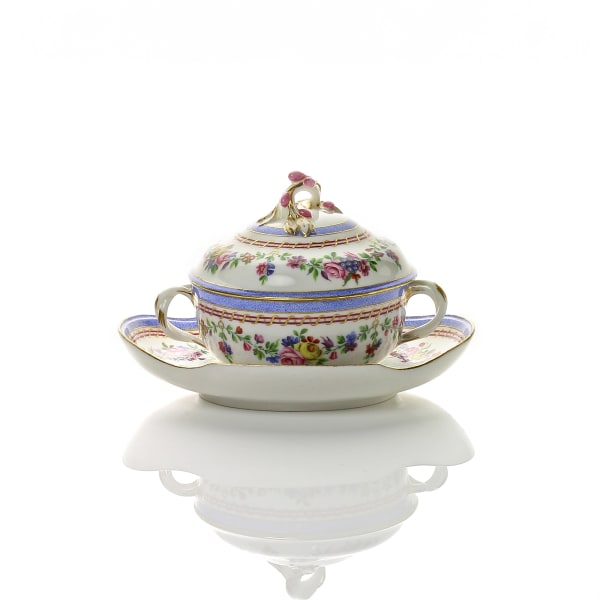 Sèvres Porcelain, A Soft-Paste Sèvres Porcelain Broth Bowl, Cover and Stand, 1765