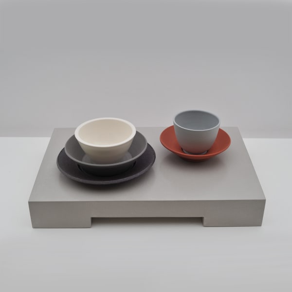 Julian Stair, Two Bowls, Plate, Cup and Saucer on a Ground, 2017