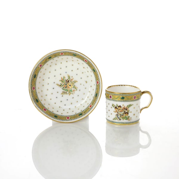 Sèvres Porcelain, Private: A Soft-Paste Sèvres Porcelain ‘jewelled’ Cup and Saucer, circa 1780-82