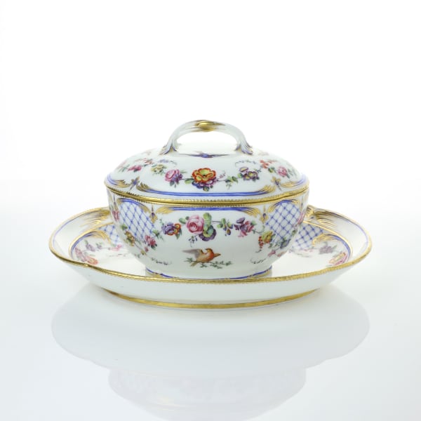 Sèvres Porcelain, A French 18th Century Soft-Paste Vincennes Porcelain Sugar Bowl, Cover and Stand, 1756