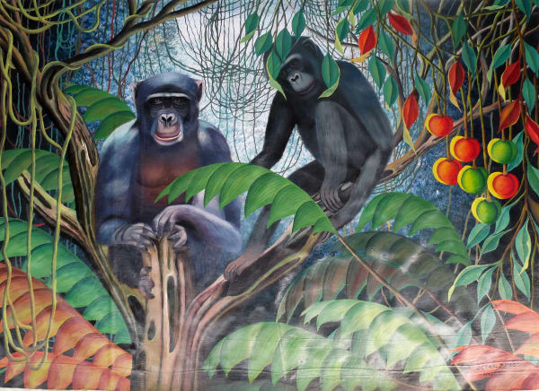 Abangwa "Béret" Babotchwe: Le Douanier Rousseau Congolais, Untitled (Two Bonobos and Fruits), 2020