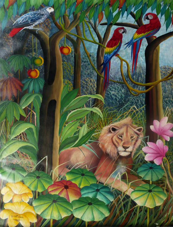 Abangwa "Béret" Babotchwe: Le Douanier Rousseau Congolais, Untitled (Lion and Parrots), 2020