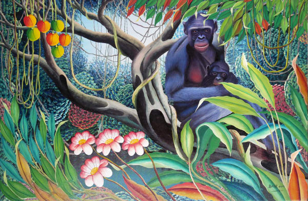 Abangwa "Béret" Babotchwe: Le Douanier Rousseau Congolais, Untitled (Bonobo mother and child), 2019