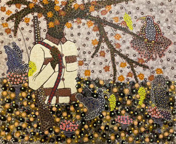 Ousmane Niang painting. Senegalese Artist. Contemporary African art in Paris. AFIKARIS PARIS. Acrylic and pastel on canvas. Pointillism. Anthropomorphic figures. Untitled art miami.