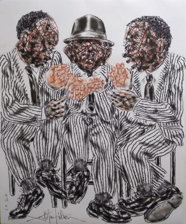 Salifou Lindou painting. Cameroonian Artist. Contemporary African art in Paris. AFIKARIS Gallery Paris. Mixed media on canvas. Figurative portraits. Duality of human beings. Observation of society. Cercle Kapsiki.