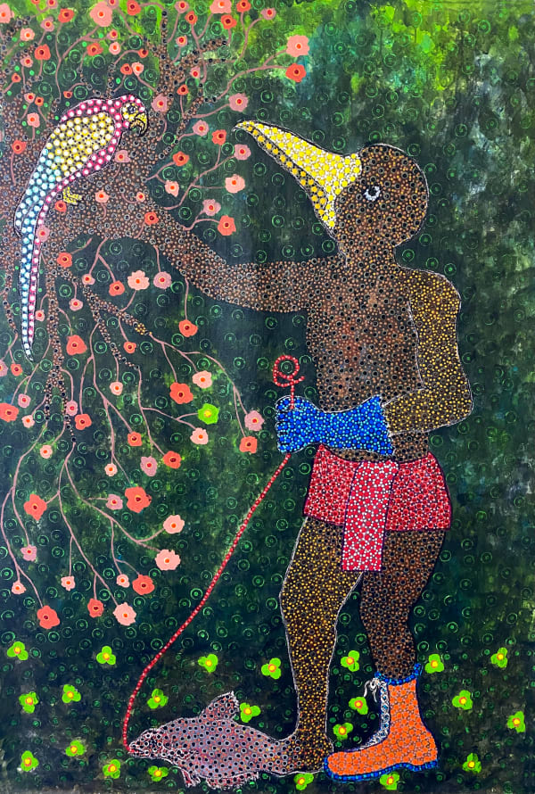 Ousmane Niang painting. Senegalese Artist. Contemporary African art in Paris. AFIKARIS PARIS. Acrylic and pastel on canvas. Pointillism. Anthropomorphic figures.