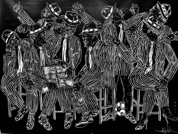 Salifou Lindou painting. Cameroonian Artist. Contemporary African art in Paris. AFIKARIS Gallery Paris. Mixed media on canvas. Figurative portraits. Duality of human beings. Observation of society. Cercle Kapsiki.