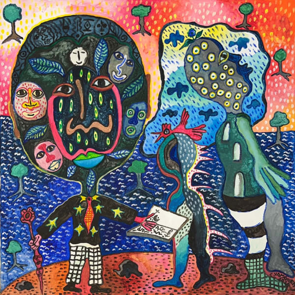 Hervé Yamguen painting. Cameroonian historical Artist. Contemporary African art in Paris. Acrylic on paper. Colorful painting. Abstract Figurative. Cercle Kapsiki.