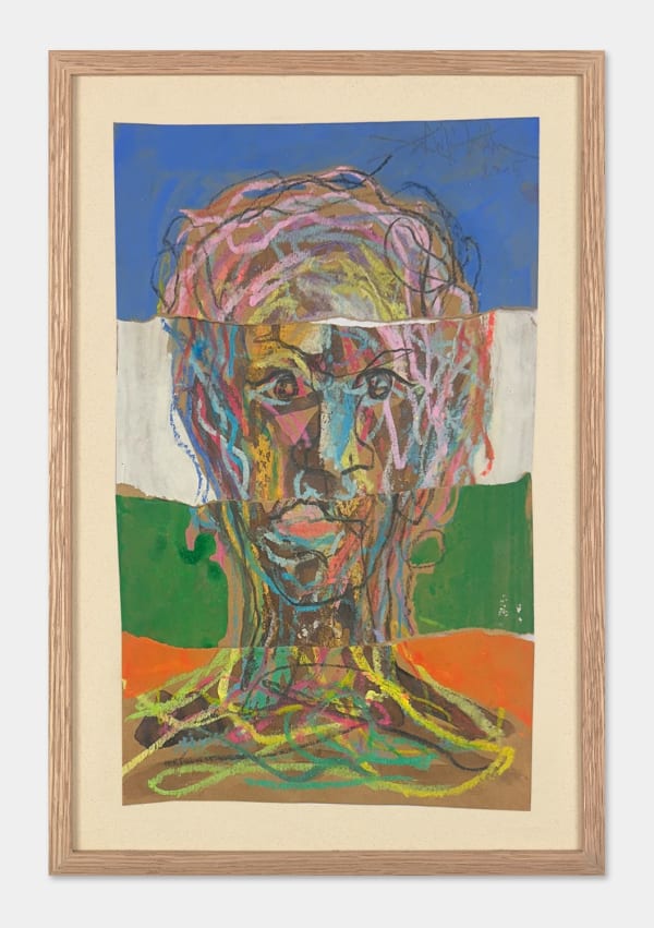 Salifou Lindou painting. Cameroonian Artist. Contemporary African art in Paris. AFIKARIS Gallery Paris. Mixed media on paper. Figurative portraits. Duality of human beings. Observation of society. Cercle Kapsiki.