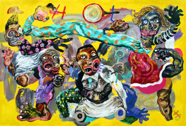 Christiano Mango painting. Angolan Artist. Contemporary African art in Paris. AFIKARIS Paris. Acrylic on canvas. Political dimension. Composite creatures.