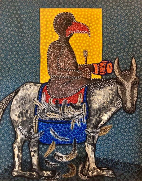 Ousmane Niang painting. Senegalese Artist. Contemporary African art in Paris. AFIKARIS PARIS. Acrylic and pastel on canvas. Pointillism. Anthropomorphic figures.