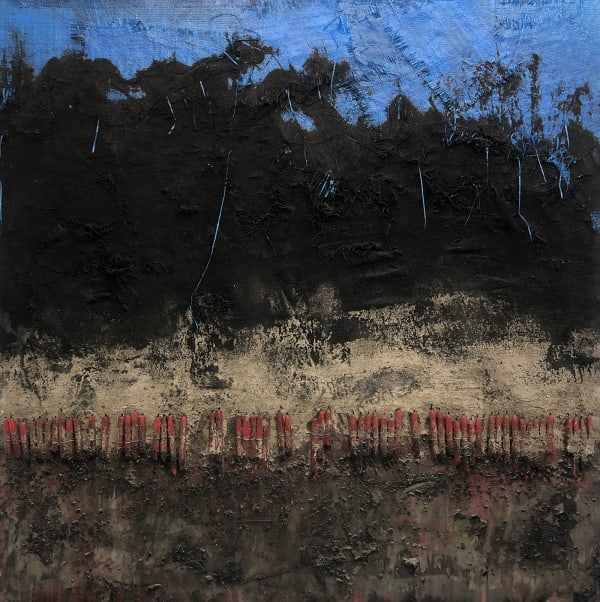 Mouhcine Rahaoui painting. Moroccan Artist. Contemporary African art in Paris. AFIKARIS PARIS. Mixed media (charcoal, wax, glue, plastic, wax, resin) on canvas. Installations. Ready-made. 1-54 London. Art genève 2024