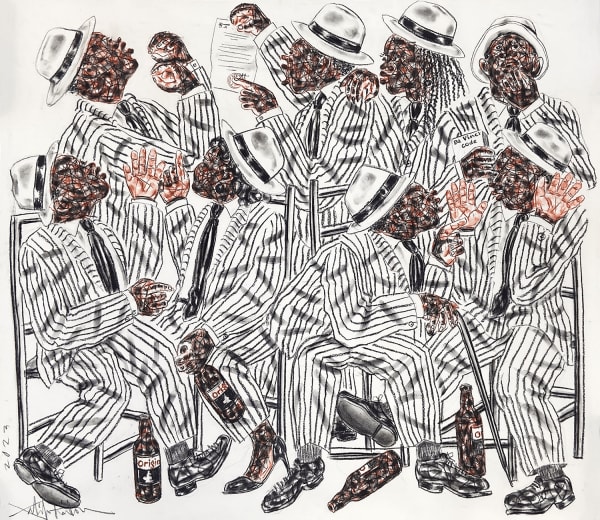 Salifou Lindou painting. Cameroonian Artist. Contemporary African art in Paris. AFIKARIS Gallery Paris. Mixed media on canvas. Figurative portraits. Duality of human beings. Observation of society. Cercle Kapsiki.