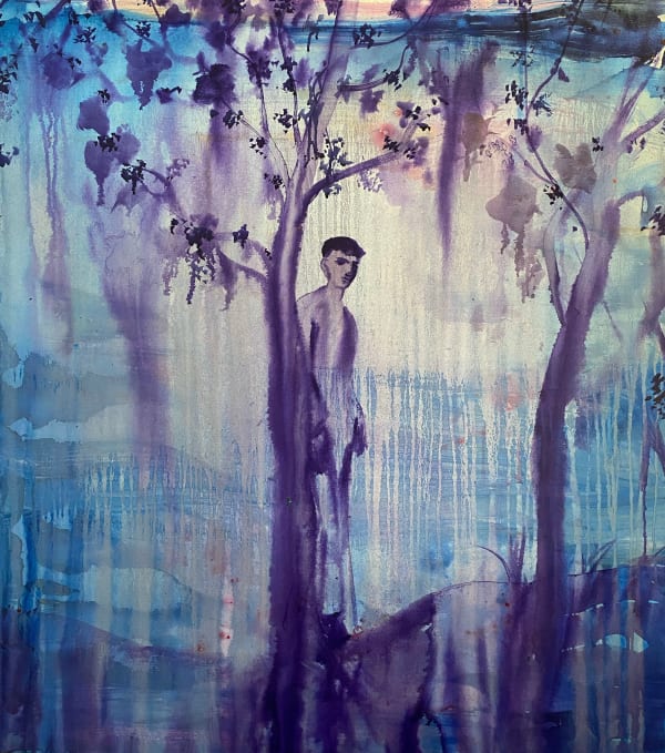 Omar Mahfoudi painting. Moroccan Artist. Contemporary African art in Paris. AFIKARIS Gallery. Acrylic and ink on paper and canvas. Figurative. Abstraction. Cinematic paintings.