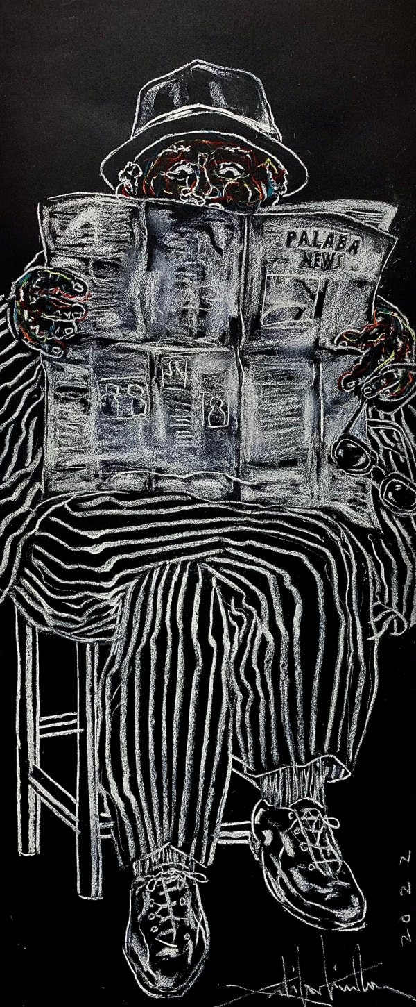 Salifou Lindou painting. Cameroonian Artist. Contemporary African art in Paris. AFIKARIS Gallery Paris. Mixed media on canvas. Figurative portraits. Duality of human beings. Observation of society. Cercle Kapsiki.