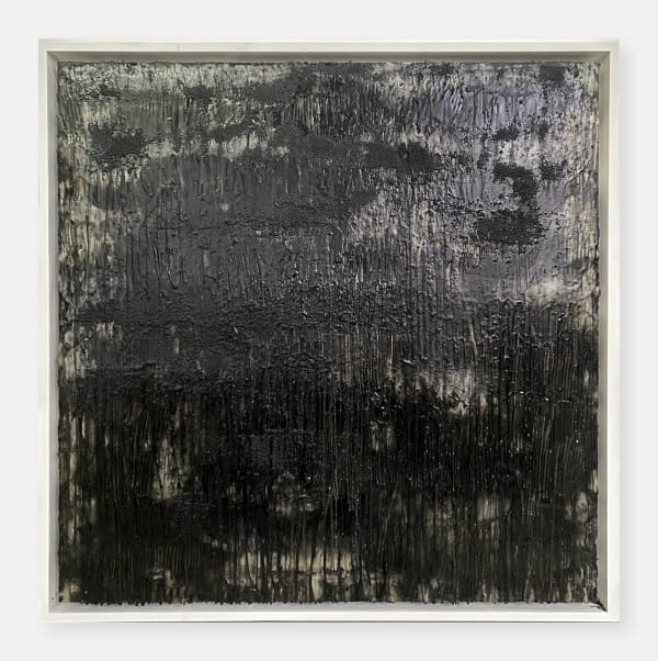 Mouhcine Rahaoui painting. Moroccan Artist. Contemporary African art in Paris. AFIKARIS PARIS. Mixed media (charcoal, wax, glue, plastic, wax, resin) on canvas. Installations. Ready-made. 1-54 London. Art genève 2024