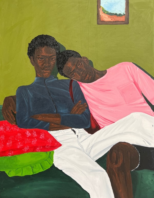 Matthew Eguavoen painting. Nigerian Artist. Contemporary Art Gallery. Oil on canvas. Figurative painting with a photographic vision. Mental health. Family portraits. Black Vanguard movement.