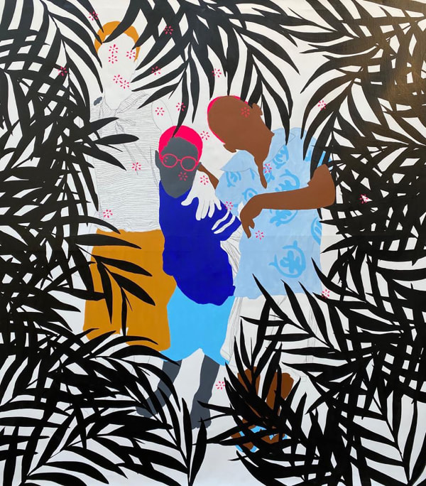 Moutsapha Baidi Oumarou painting. Cameroonian Artist. Contemporary art. Acrylic and pen on canvas. Flamboyant hues and monochrome background. Bold colours. Daily-life scenes.