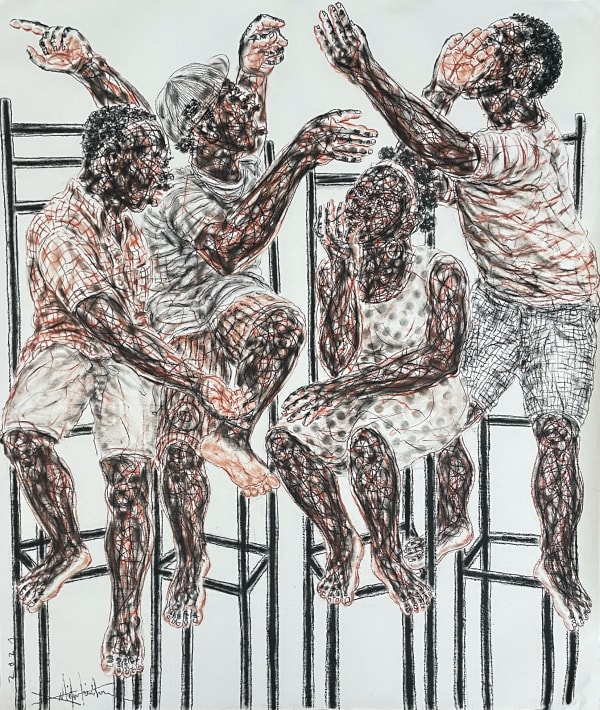 Salifou Lindou painting. Cameroonian Artist. Contemporary African art in Paris. AFIKARIS Gallery Paris. Mixed media on canvas. Figurative portraits. Duality of human beings. Observation of society. Cercle Kapsiki.