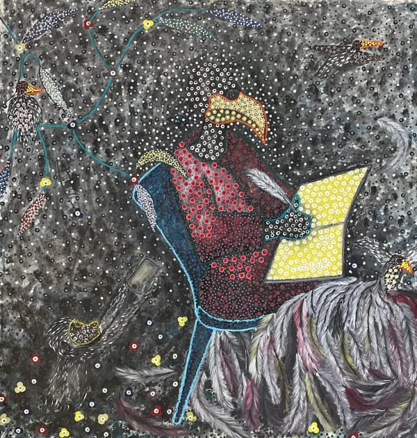 Ousmane Niang painting. Senegalese Artist. Contemporary African art in Paris. AFIKARIS PARIS. Acrylic and pastel on canvas. Pointillism. Anthropomorphic figures.