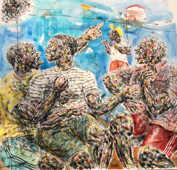 Salifou Lindou painting. Cameroonian Artist. Contemporary African art in Paris. AFIKARIS Gallery Paris. Mixed media on canvas. Figurative portraits. Duality of human beings. Observation of society. Cercle Kapsiki.