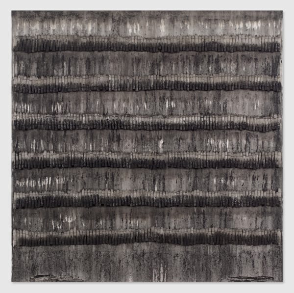 Mouhcine Rahaoui painting. Moroccan Artist. Contemporary African art in Paris. AFIKARIS PARIS. Mixed media (charcoal, wax, glue, plastic, wax, resin) on canvas. Installations. Ready-made. 1-54 London. Art genève 2024