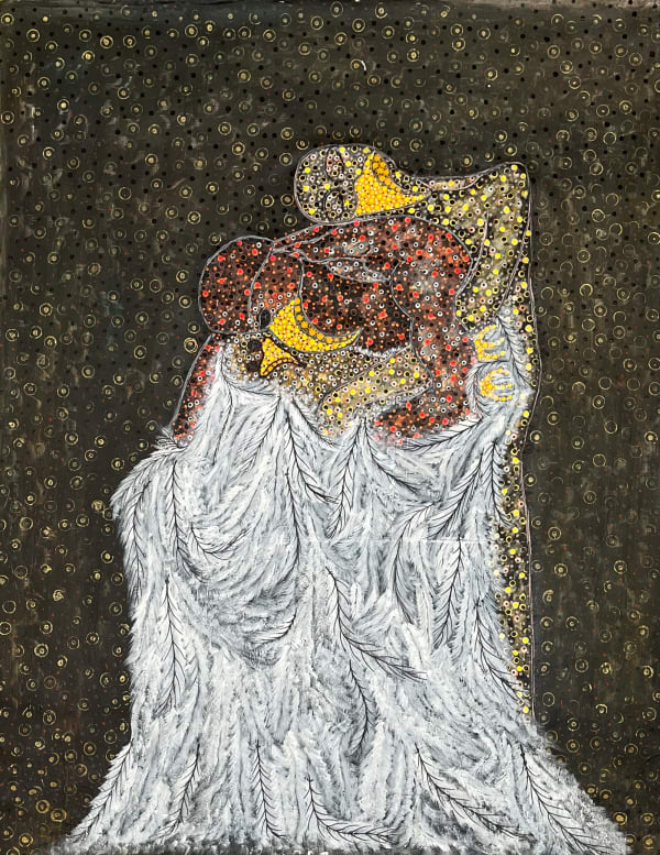 Ousmane Niang painting. Senegalese Artist. Contemporary African art in Paris. AFIKARIS PARIS. Acrylic and pastel on canvas. Pointillism. Anthropomorphic figures.