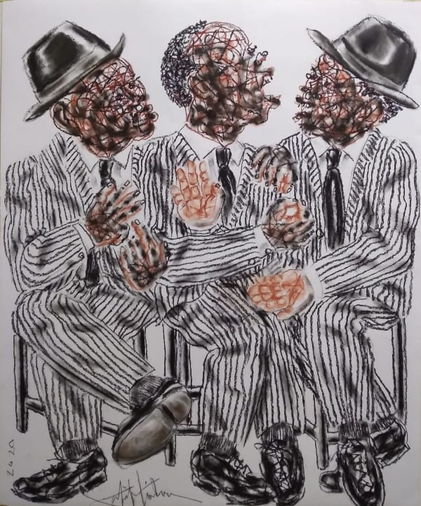 Salifou Lindou painting. Cameroonian Artist. Contemporary African art in Paris. AFIKARIS Gallery Paris. Mixed media on canvas. Figurative portraits. Duality of human beings. Observation of society. Cercle Kapsiki.