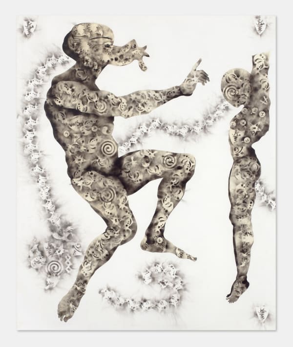 Géraldine Tobe painting. Congolese Artist. Contemporary African art in Paris. AFIKARIS PARIS. Smoke on canvas. Figurative painting. Black and white. Spiritual artworks. Feminist artist. Art Contemporain Africain