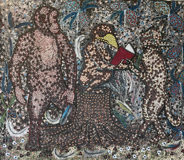 Ousmane Niang painting. Senegalese Artist. Contemporary African art in Paris. AFIKARIS PARIS. Acrylic and pastel on canvas. Pointillism. Anthropomorphic figures.