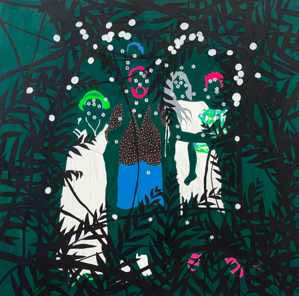 Moutsapha Baidi Oumarou painting. Cameroonian Artist. Contemporary art. Acrylic and pen on canvas. Flamboyant hues and monochrome background. Bold colours. Daily-life scenes.