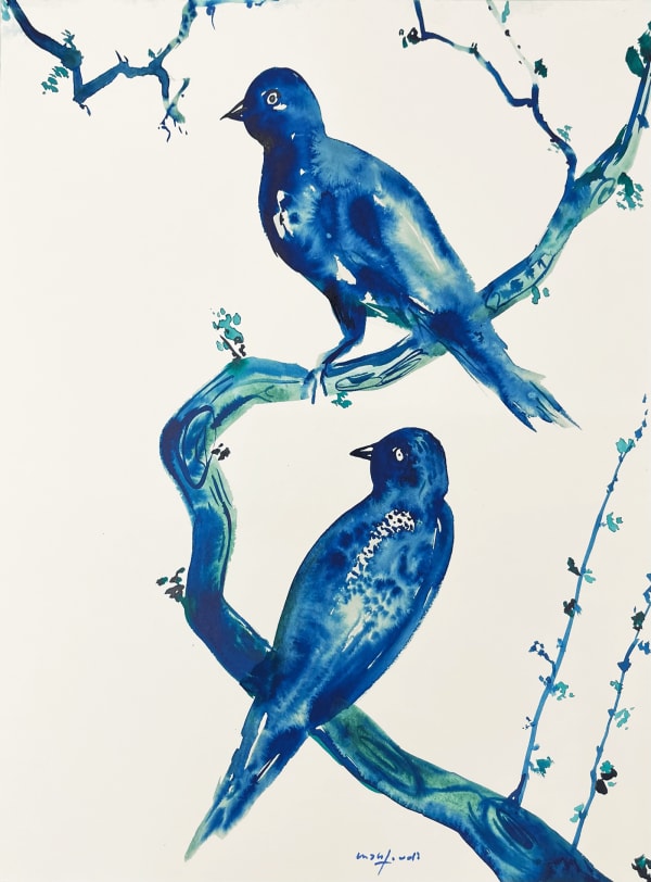 Image of two bird on a tree painted with ink on paper by Omar mahfoudi. AFIKARIS Gallery showing at Untitled Art Miami 2024