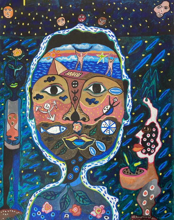 Hervé Yamguen painting. Cameroonian historical Artist. Contemporary African art in Paris. Acrylic on paper. Colorful painting. Abstract Figurative. Cercle Kapsiki.